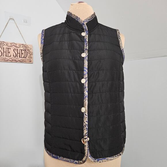 Chico's Reversible Quilted Vest Snap Front Sleeveless Blue Jacquard Black Jacket - Picture 4 of 15